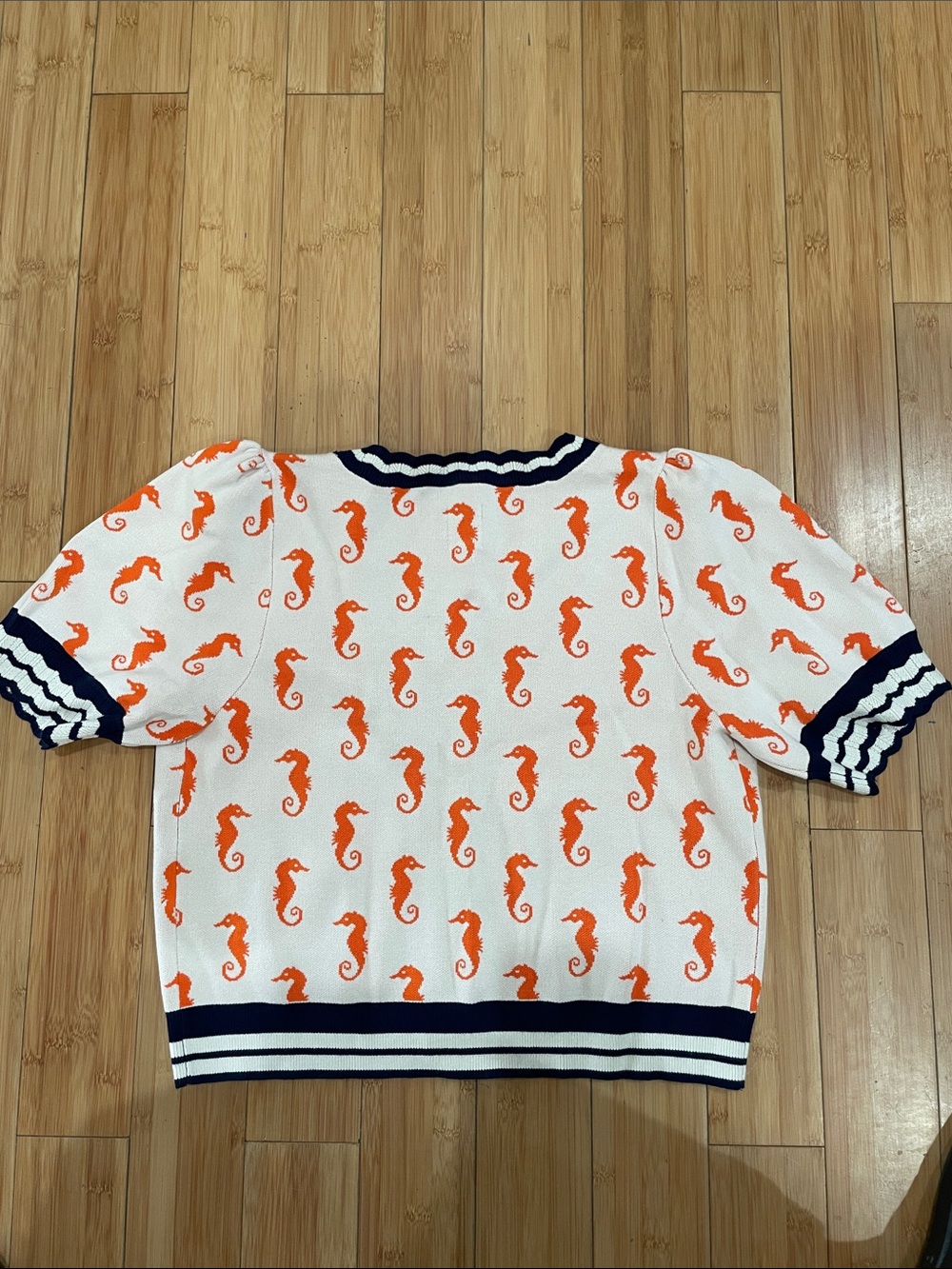 Maeve Orange Seahorse Short Sleeve Cardigan with Navy Trim - Picture 4 of 5